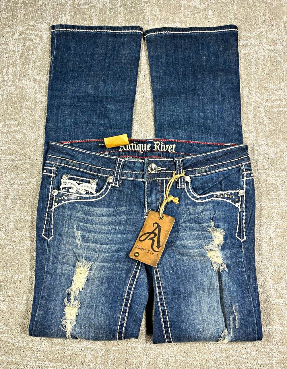 Antique Rivet Womens Casey Bootcut MidRise Medium Wash Blue Distressed Jean 27